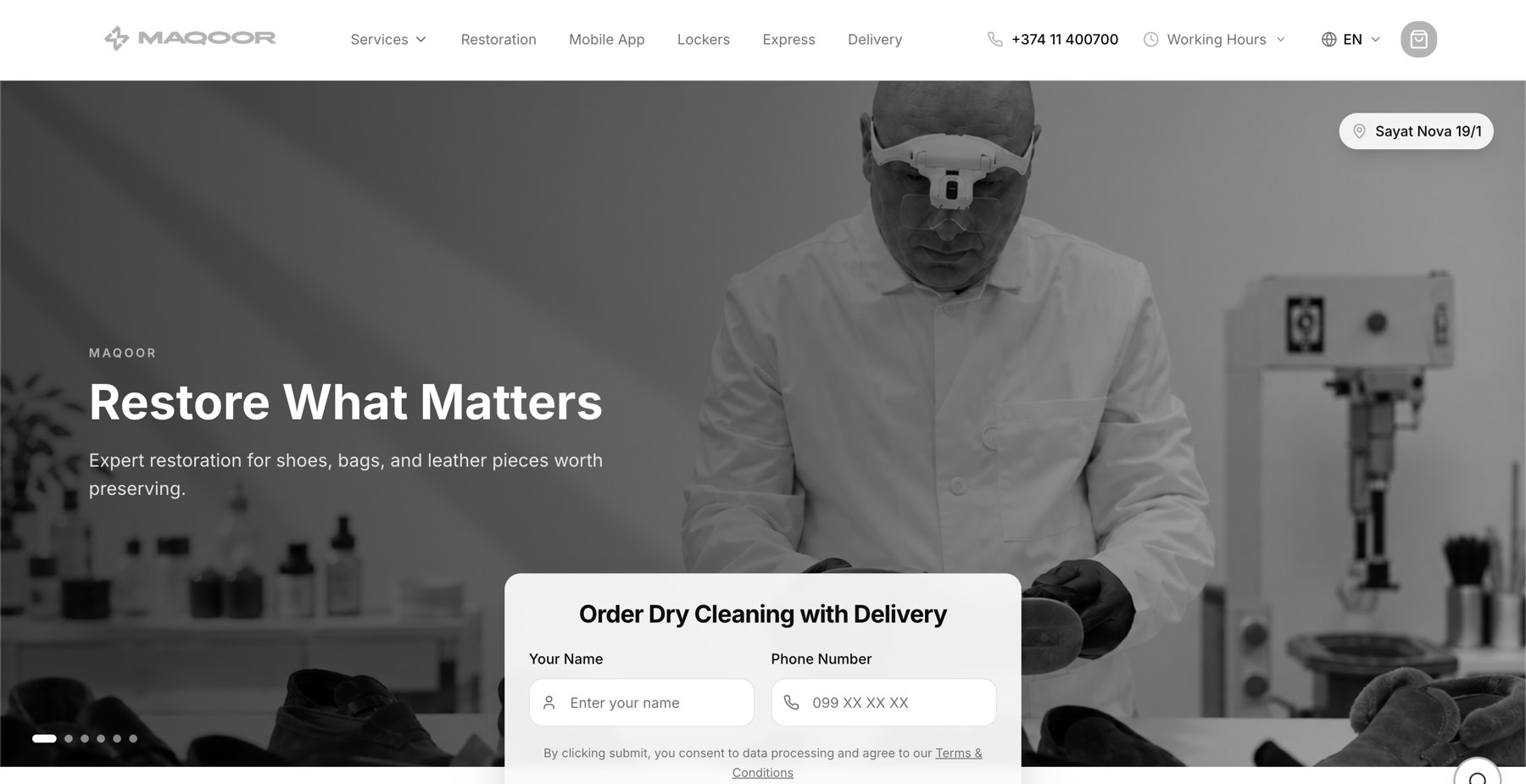 Maqoor homepage: Restore What Matters hero with the order dry cleaning with delivery form