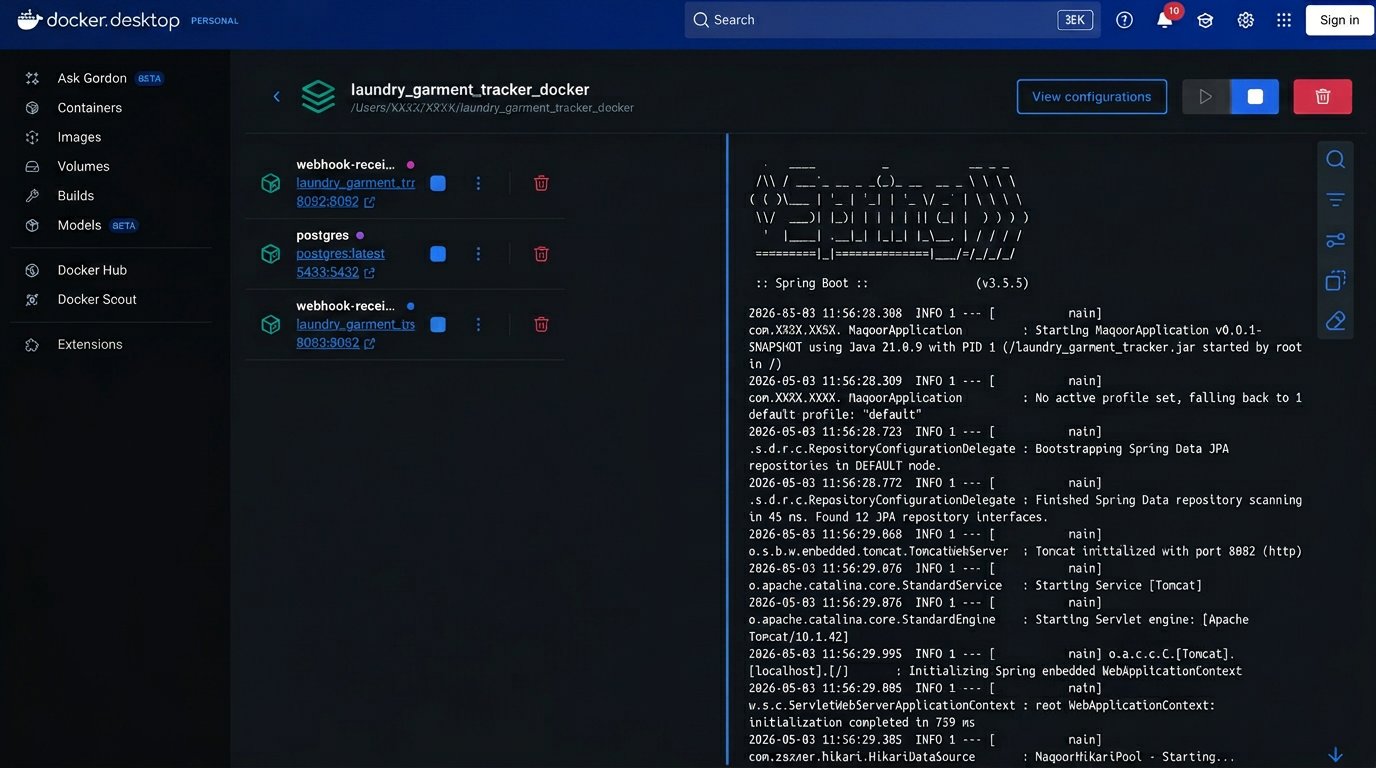 CRM Webhook Handler running in Docker Desktop — Spring Boot service, Postgres and webhook receivers
