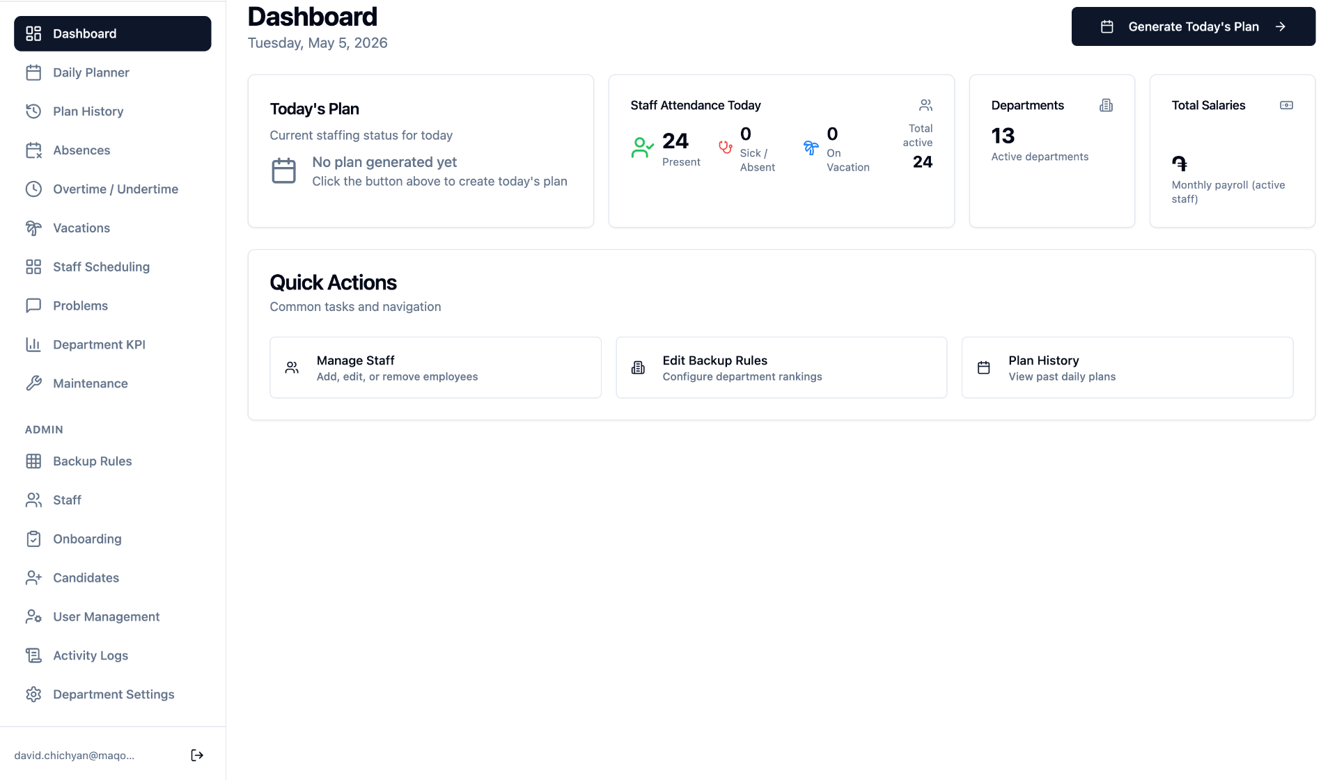 HR OS dashboard: attendance today, departments, payroll and quick actions