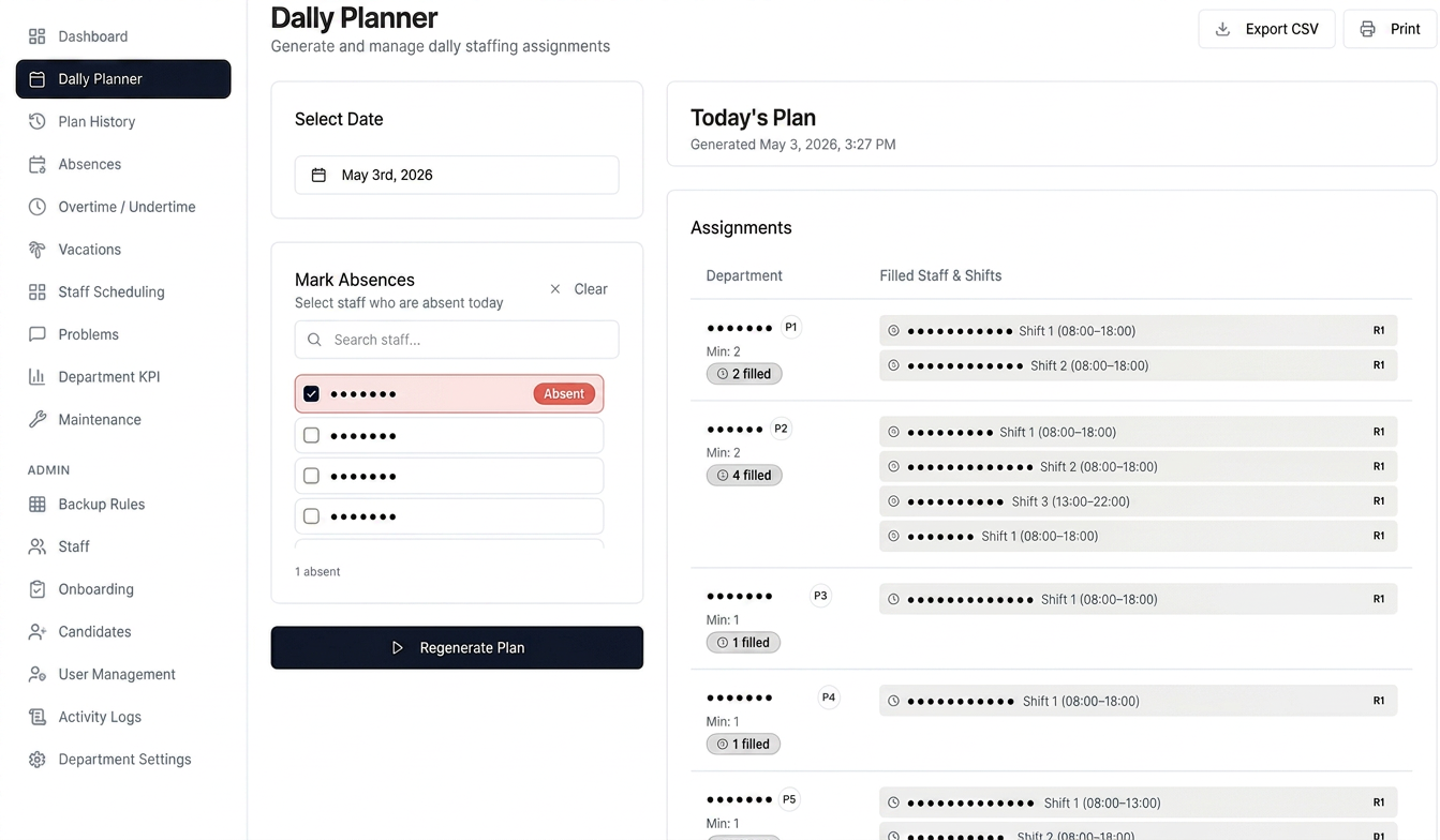 Daily Planner — auto-generated assignments per department