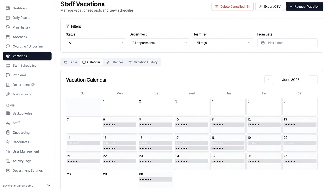 Staff Vacations calendar with balances and approvals