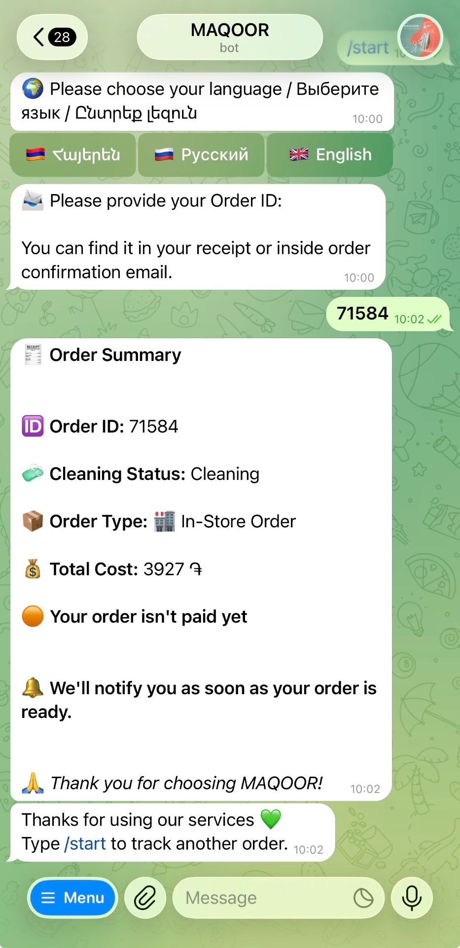 Order summary in bot