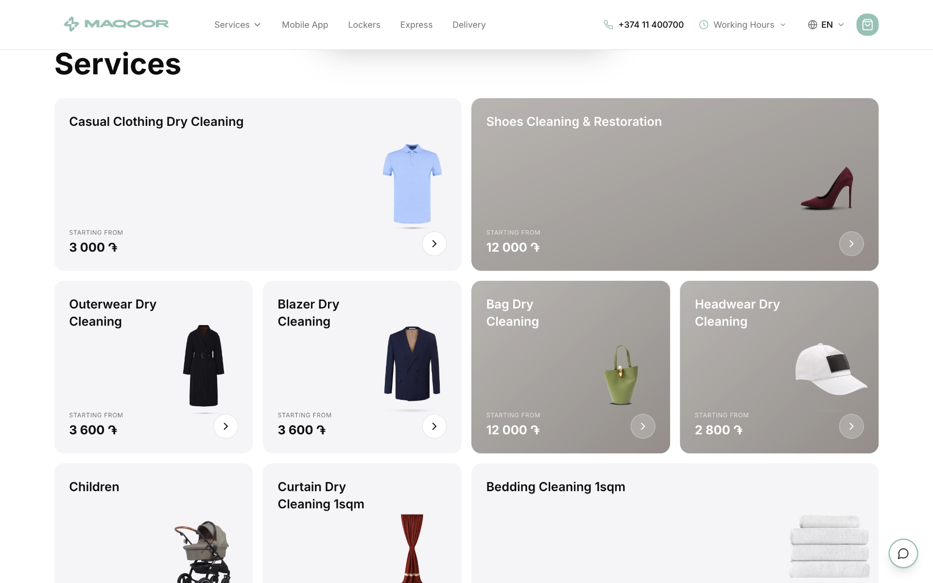 Maqoor services layout — pricing grid